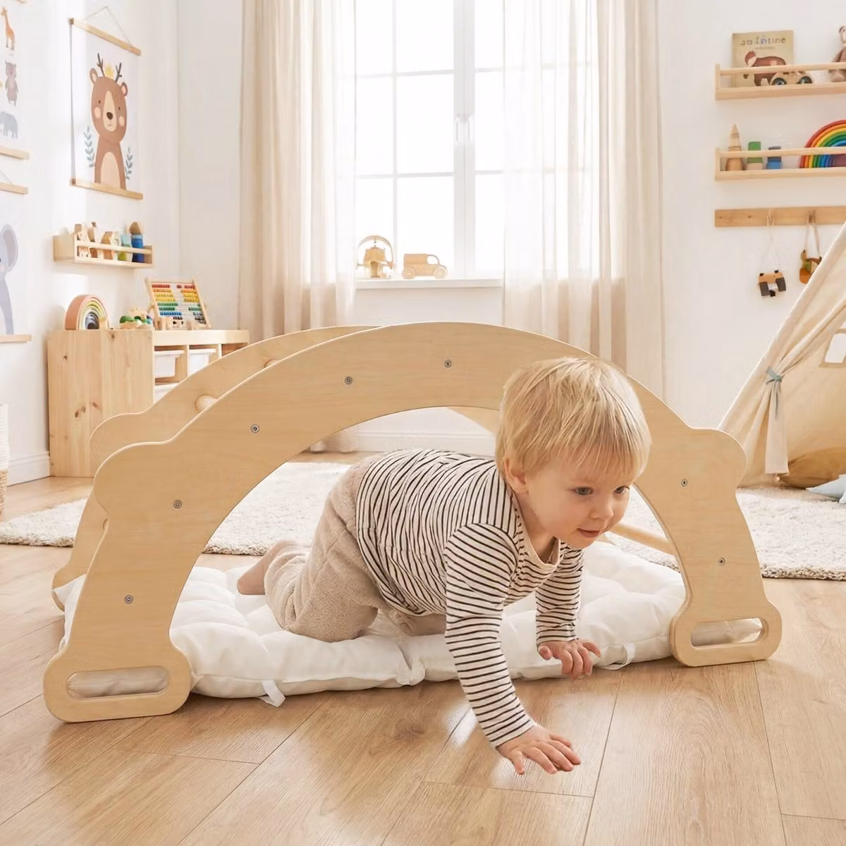 Costway Arco di arrampicata Montessori 3-in-1 per bambini con cuscino in legno naturale, bianco e marrone