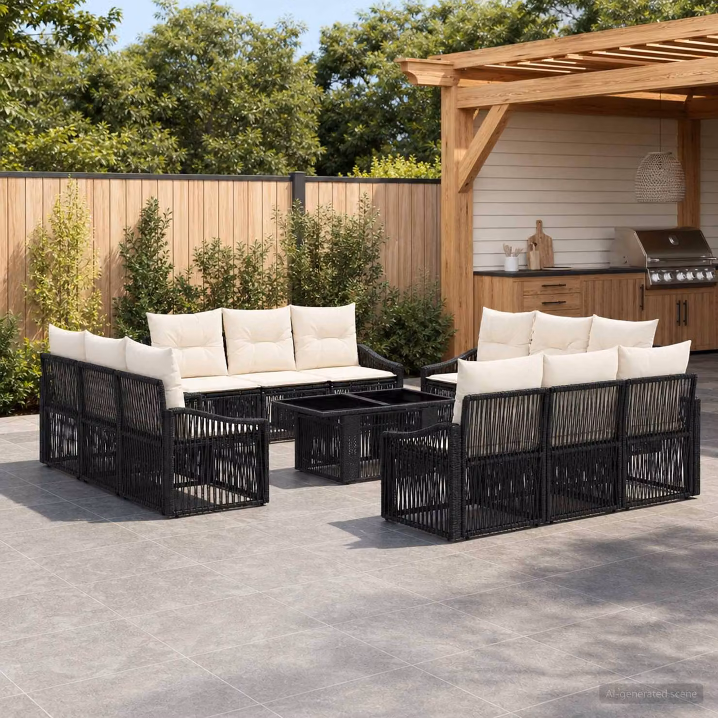 Set Divano da Giardino vidaXL 13 pz in Polyrattan Nero e Bianco Crema con Cuscini e Forma a U