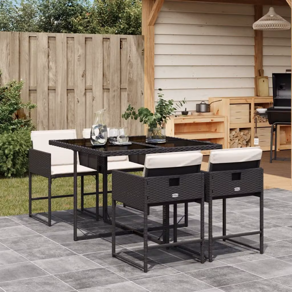 Set da Pranzo da Giardino vidaXL 5 pz in Polyrattan Nero con Piano in Vetro e Cuscini – 1