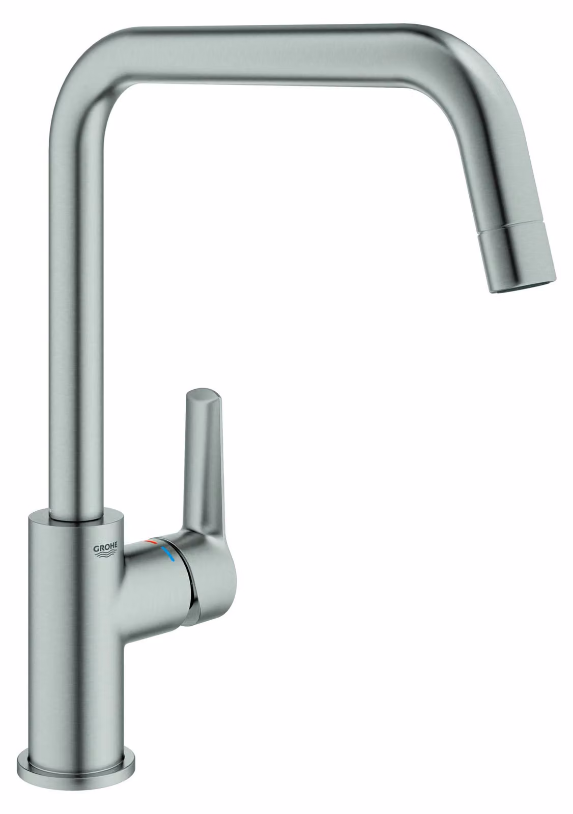 Miscelatore monocomando per lavabo, con beccuccio ad arco alto, girevole di 150°, in acciaio inossidabile spazzolato