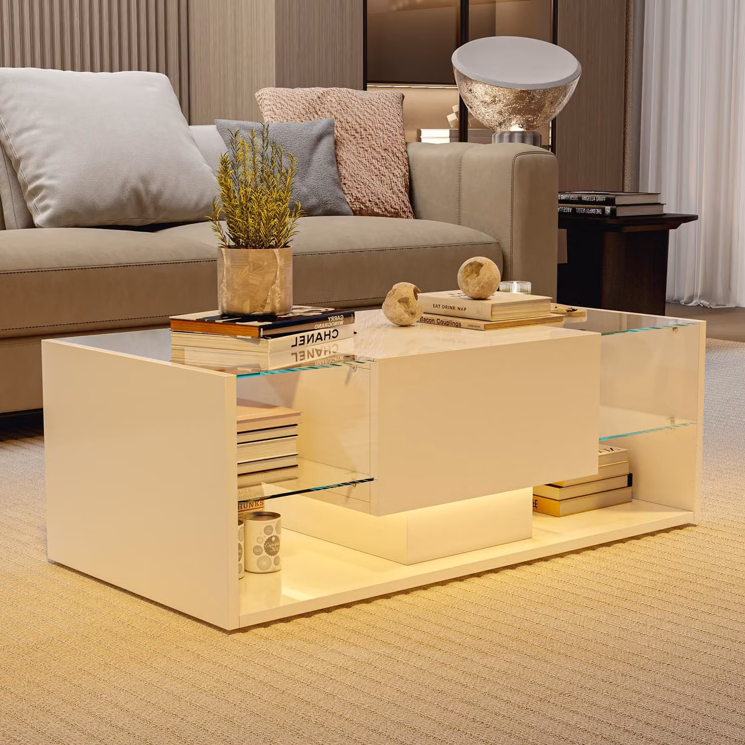 UnboxG Tavolino da salotto lucido con illuminazione a LED e cassetti, tavolino da divano con vano portaoggetti, 100×50×35 cm