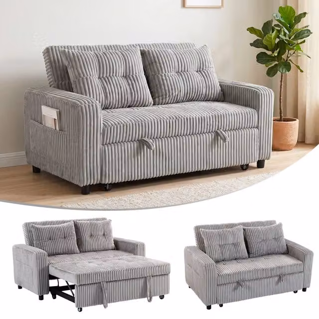 Divano Letto 2 Posti Convertibile e Salvaspazio in Tessuto a Coste Grigio Chiaro 157 x 190 cm con 2 Cuscini e Tasche Laterali per Casa