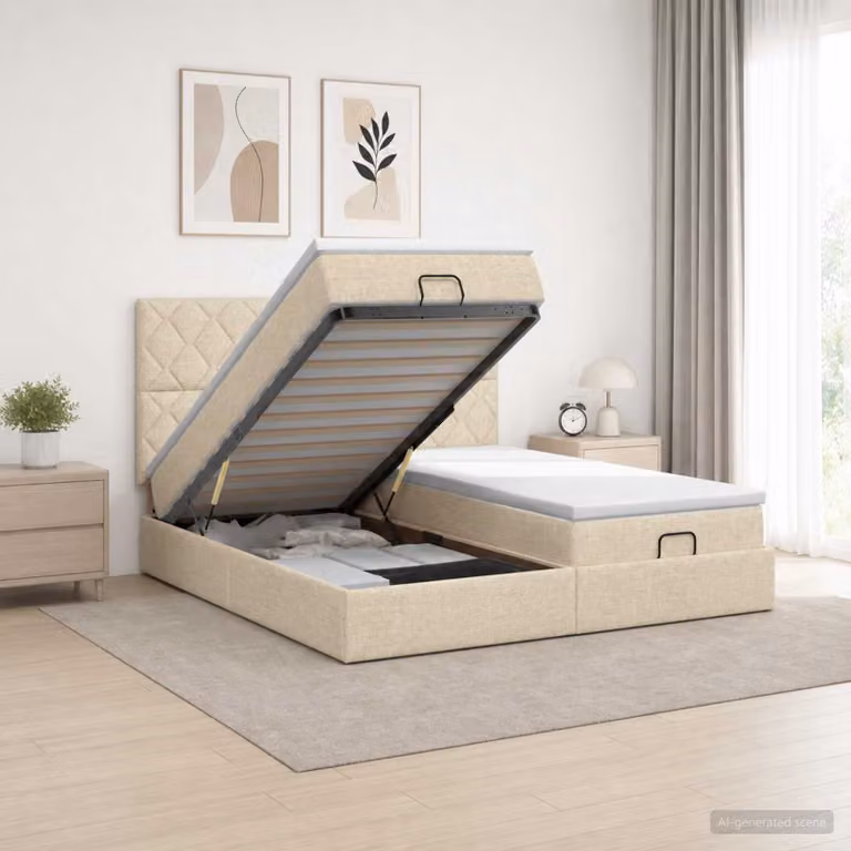 vidaXL Letto Ottomano con Materasso e LED Crema 160 x 200 cm Tessuto