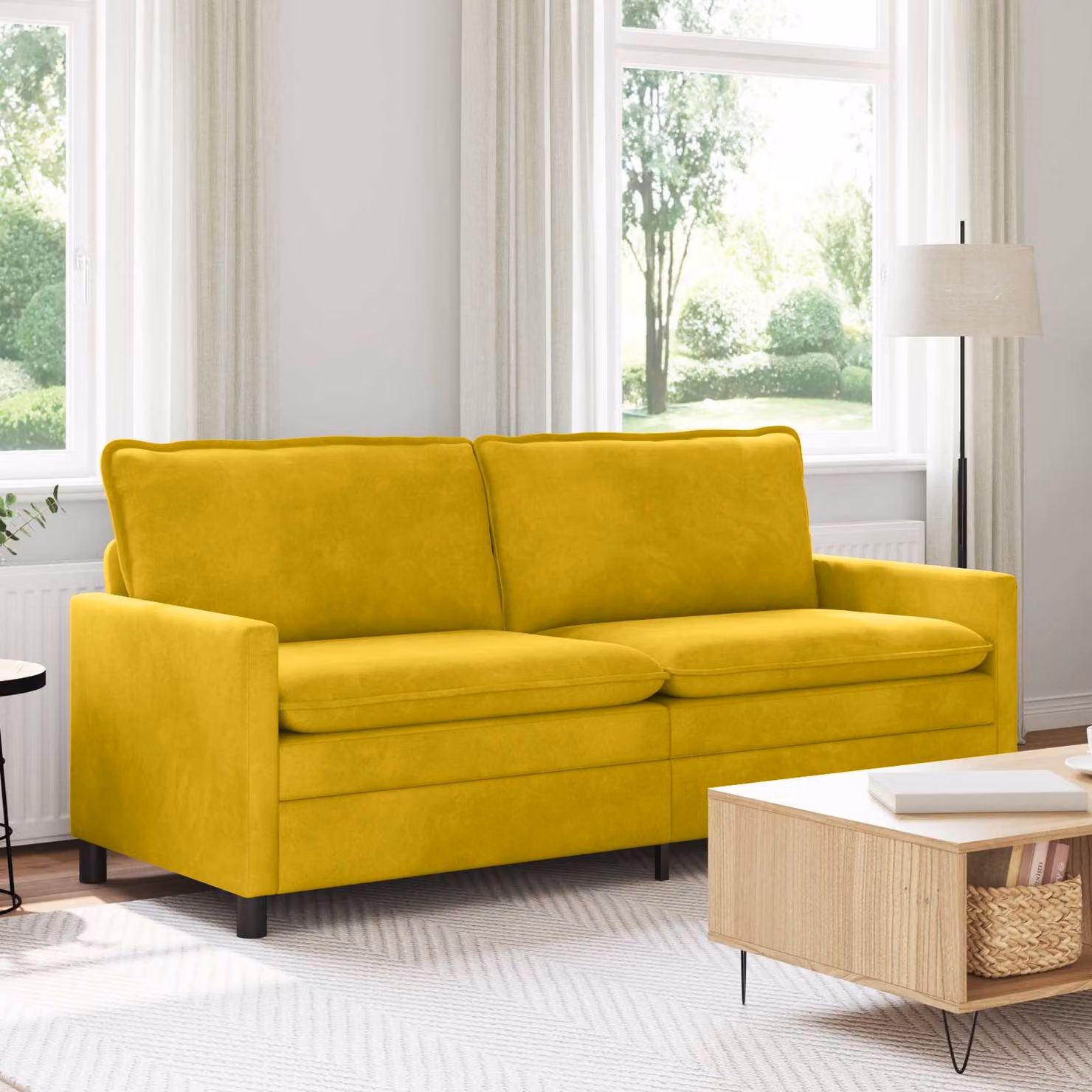 Divano moderno vidaXL in velluto giallo con struttura in metallo L: 196 cm, P: 81 cm, H: 87,5 cm