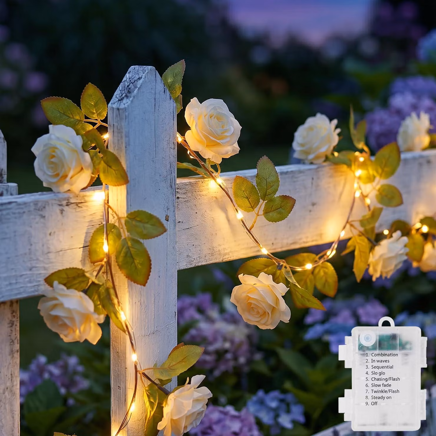 Catena luminosa con 40 LED, lunghezza 2,2 metri, decorata con rose artificiali, colore bianco, 8 modalità di illuminazione, grado di protezione IP65