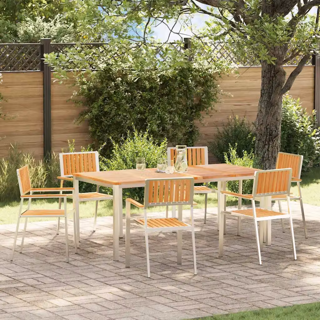 Set da pranzo per esterni vidaXL in teak e acciaio inossidabile, 7 pezzi, marrone e argento, L/P/H: 180 x 90 x 75 cm