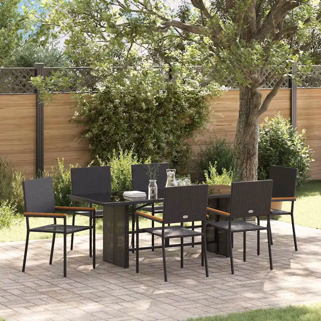 Set da pranzo per giardino e terrazza vidaXL in polyrattan nero e marrone con tavolo in vetro e legno di acacia, 7 pezzi – 1