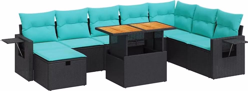 Set Divani da Giardino 9 pz con Cuscini Nero Polyrattan Acacia