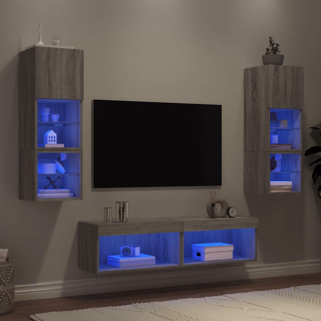 Mobile TV a muro vidaXL con illuminazione LED integrata, 6 pezzi, Grigio Sonoma, stile moderno – 1