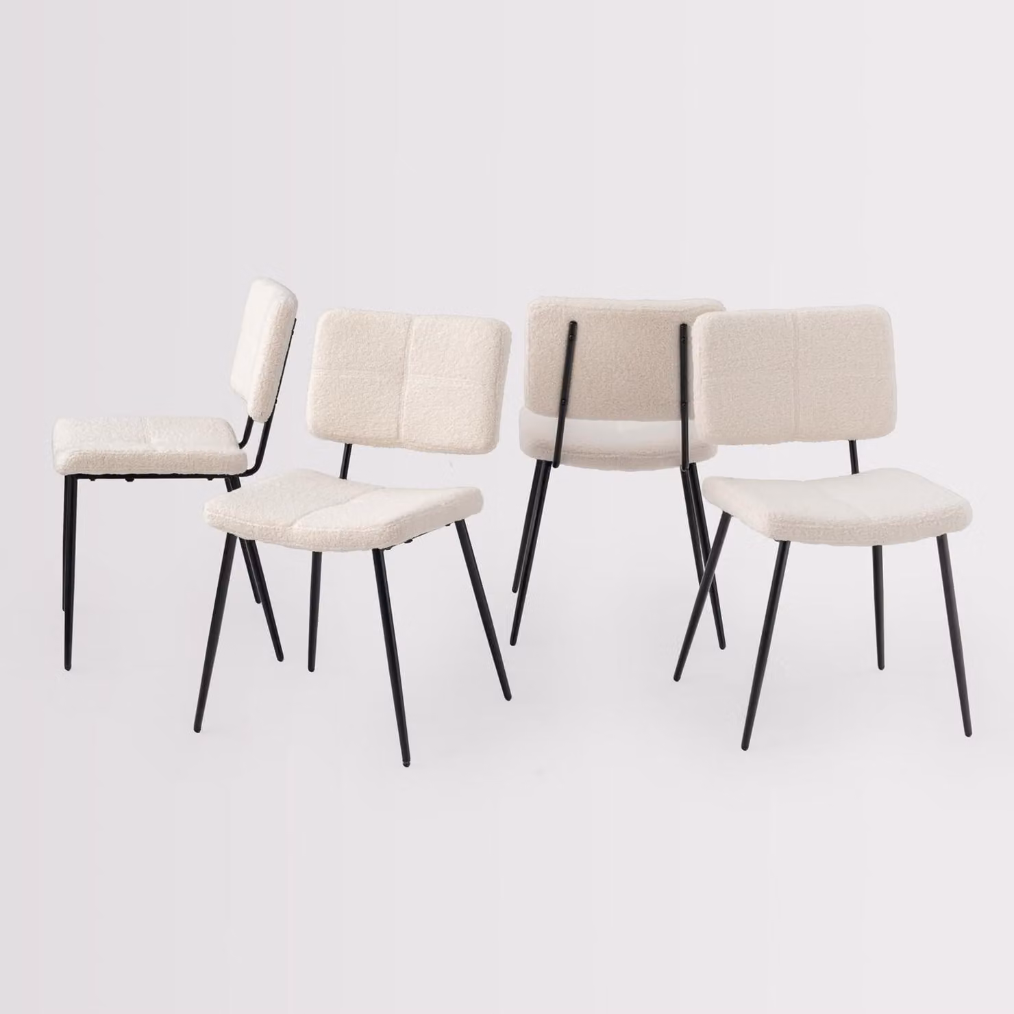 Set di 4 sedie da pranzo imbottite, con schienale, rivestite in tessuto boucle e con gambe in acciaio