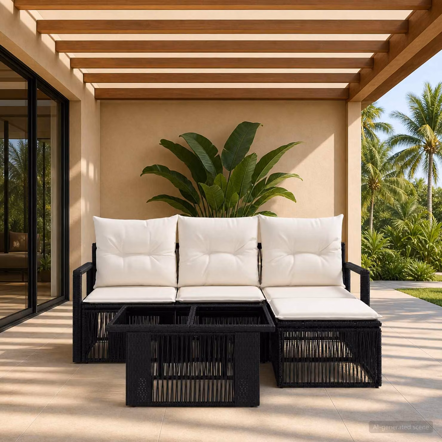 Set Divano da Giardino Moderno vidaXL in Polyrattan Nero e Bianco Crema con Cuscini e Tavolino