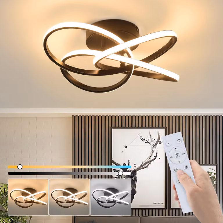 ZMH Lampada da soffitto LED Soggiorno 46W Dimmerabile Lampada da soggiorno nera Moderna Lampada da cucina con design a fiori a quattro foglie con telecomando Corridoio Plafoniere in metallo per cucina Sala da pranzo