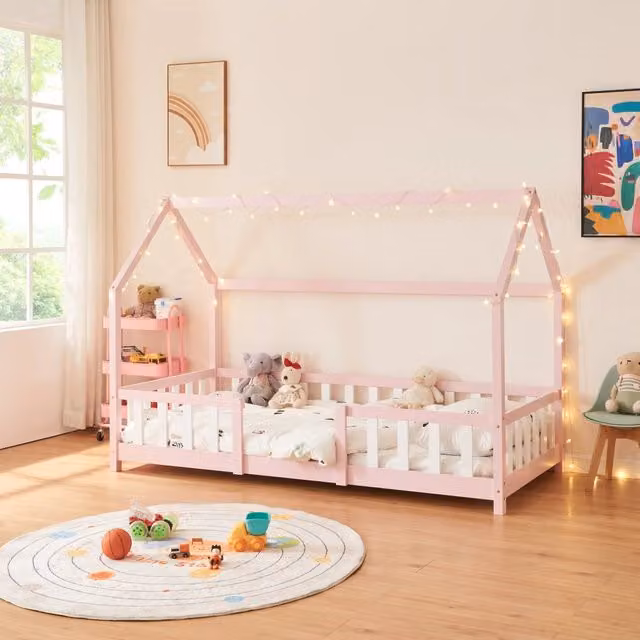 Letto per cameretta Sisimiut a forma di casetta en.casa in legno di pino, Rosa/Bianco, L/P/H: 200 x 90 x 120 cm