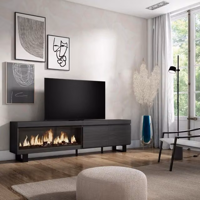 Mobile TV Soggiorno, 208x35x57cm, Per TV fino a 80", Camino elettrico XXL, Design industriale, Nero RF3258