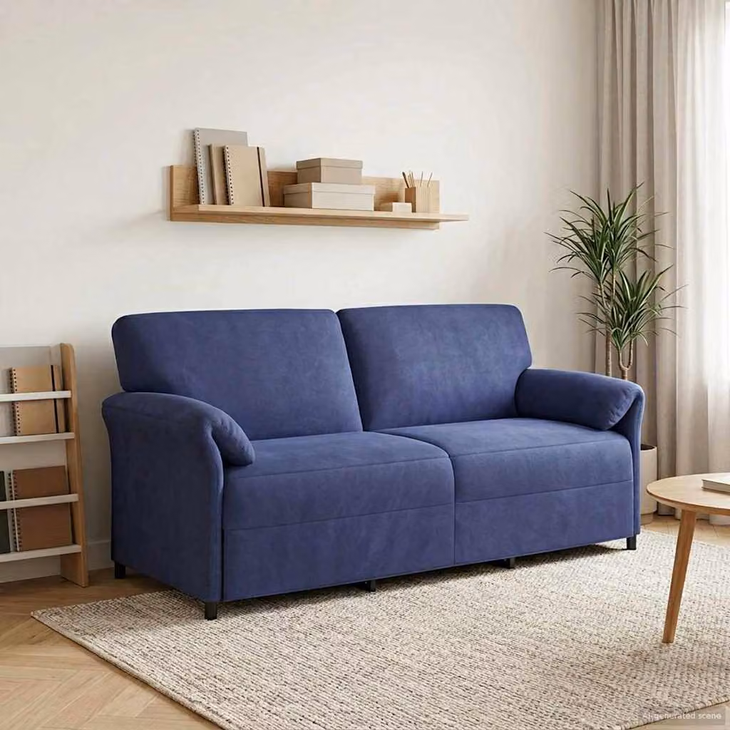 Divano 3 posti vidaXL in velluto blu con cuscini, design moderno e struttura in metallo, L: 198 cm, P: 83 cm, H: 95 cm