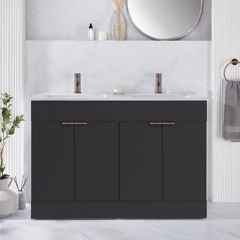 Mobile Bagno a Terra Grigio Nero da 1210mm con Doppio Lavabo e Maniglie con Impugnatura a Dito in Bronzo Spazzolato - Cluo