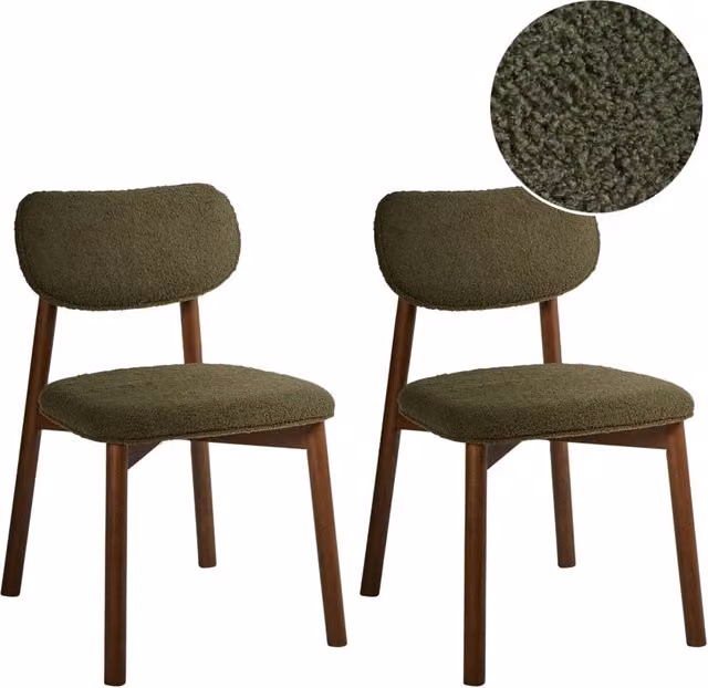 Set di 2 sedie da pranzo con struttura in legno di gomma boucle marrone e verde Seduta e schienale imbottiti Sala da pranzo Cucina
