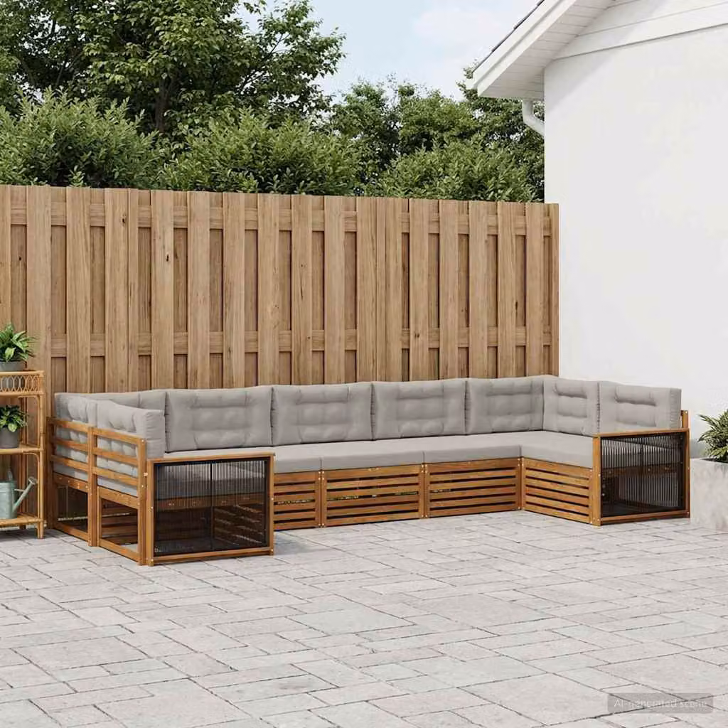 vidaXL Set di divani da esterno a forma di U composto da 7 pezzi in legno di acacia con cuscini, colori beige, grigio e marrone