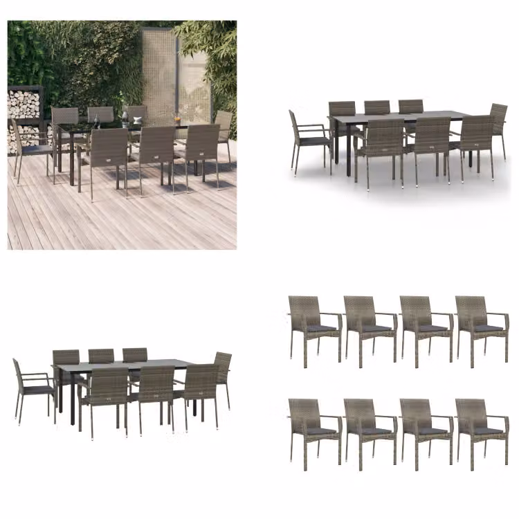 vidaXL Set da pranzo da giardino 9 pezzi con cuscini in poly rattan nero e grigio - Set da pranzo da giardino - Set da pranzo da giardino - Set da pranzo da terrazza