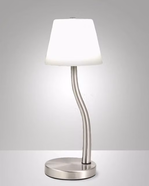 Lampada da Tavolo LED Ibla Fabas con Struttura in Metallo e Vetro Soffiato, Dimmerabile al Tocco, Colore Nichel Satinato e Luce Bianco Caldo