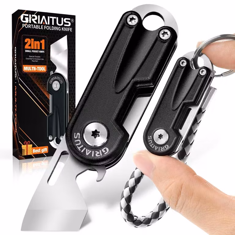 Coltello multiuso 2-in-1 con apribottiglie e portachiavi, in acciaio inossidabile, colore nero