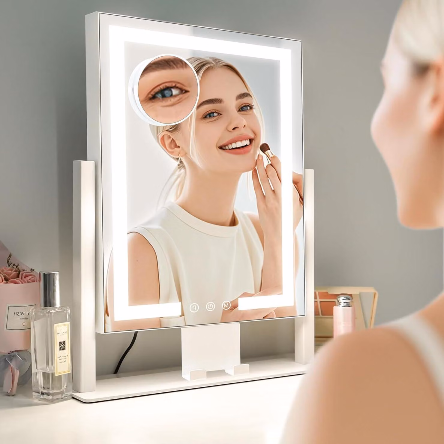 Specchio da trucco con illuminazione a LED, 3 modalità di luce, rotazione a 360°