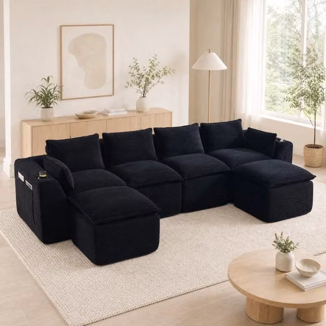 Divano modulare 322x161x75 cm in tessuto nero con 2 pouf, per soggiorni e uffici