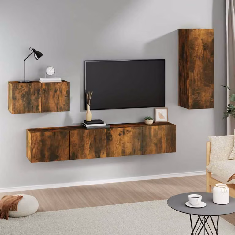 Set di mobili porta TV da soggiorno vidaXL in legno MDF color rovere marrone opaco, 4 pezzi, montaggio a parete