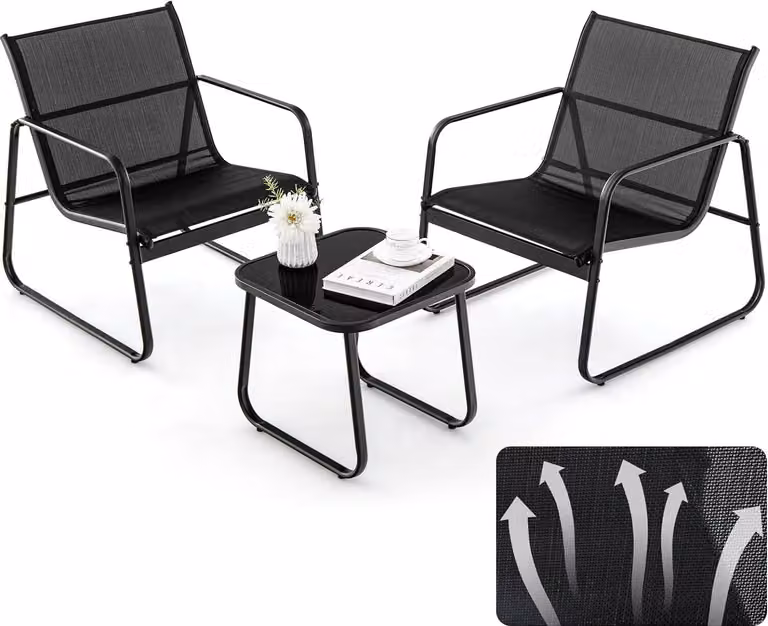KOMFOTTEU 3 pezzi. Set da balcone Bistro, set di mobili da balcone con 2 sedie impilabili in tessuto Textilene e tavolo da giardino, set da giardino (nero)