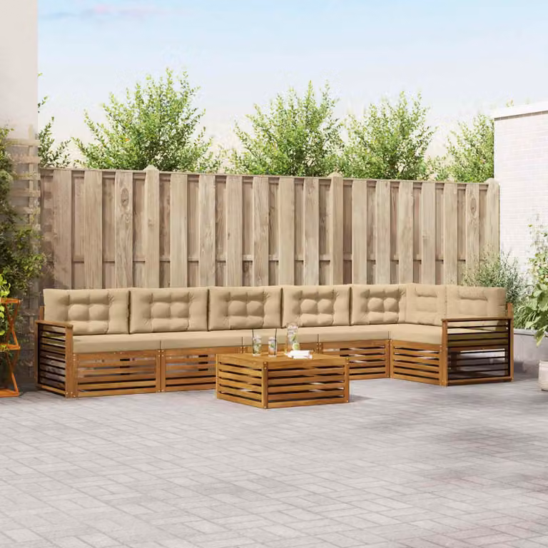Set di divani da esterno vidaXL 7 pz in legno di acacia con tavolo da caffè e cuscini, colore marrone e beige