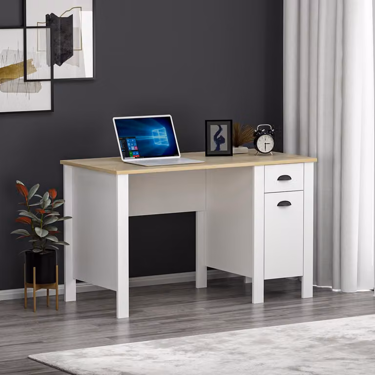 HOMIDEA TEDDY Scrivania - Scrivania per computer - Postazione di lavoro con cassetto e spazio di archiviazione con anta dal design moderno per l'ufficio domestico o la camera dei bambini (bianco/rovere)