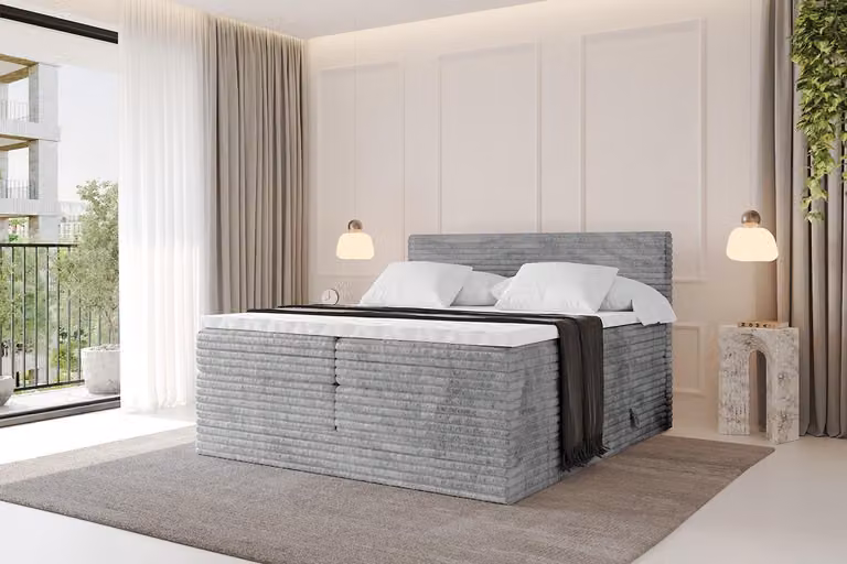 Letto boxspring ALTDECOR - TOLO-v1 KING 120x200 in velluto a coste - Grigio chiaro - Set completo con materassi H3 e H4 e topper, letto imbottito con cassetti, rete a doghe, letto con contenitore, letto matrimoniale, letto a cassettoni