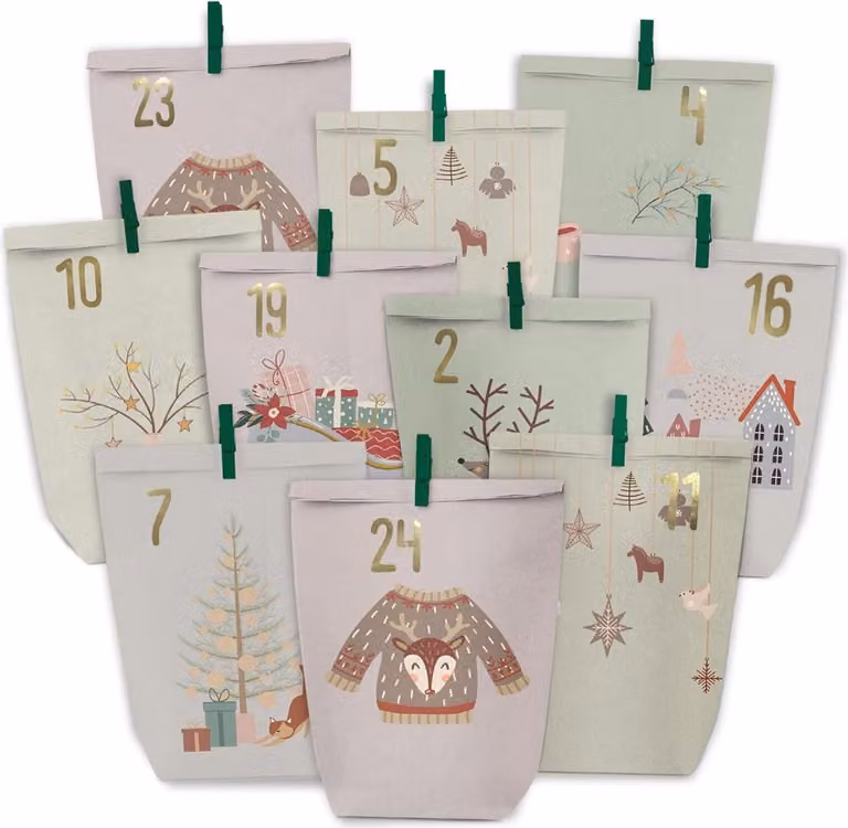 Calendario dell'Avvento da riempire, 24 sacchetti di carta kraft, calendario di Natale per bambini e adulti