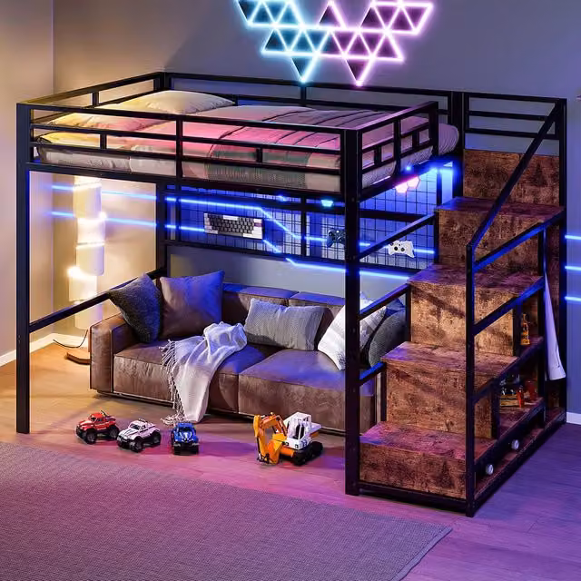 Letto a castello con LED 140x200cm - Xylo - nero, 7 colori, griglia