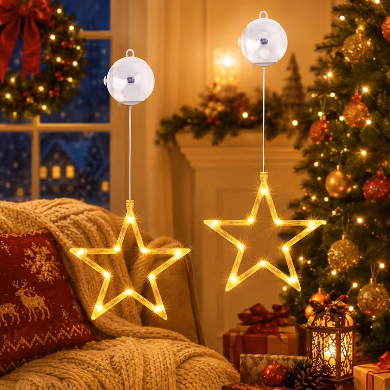Set di 2 luci a LED a forma di stella, 10 LED, luce bianca calda, con timer, alimentate a batteria