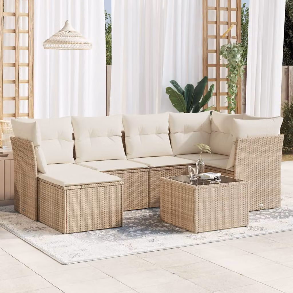 vidaXL Set Divani da Giardino 7 pz in Polyrattan Beige con Cuscini e Tavolino da Esterno