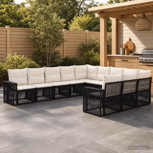 Set Divano da Giardino 11 pz Nero e Bianco Crema polyrattan 3435262