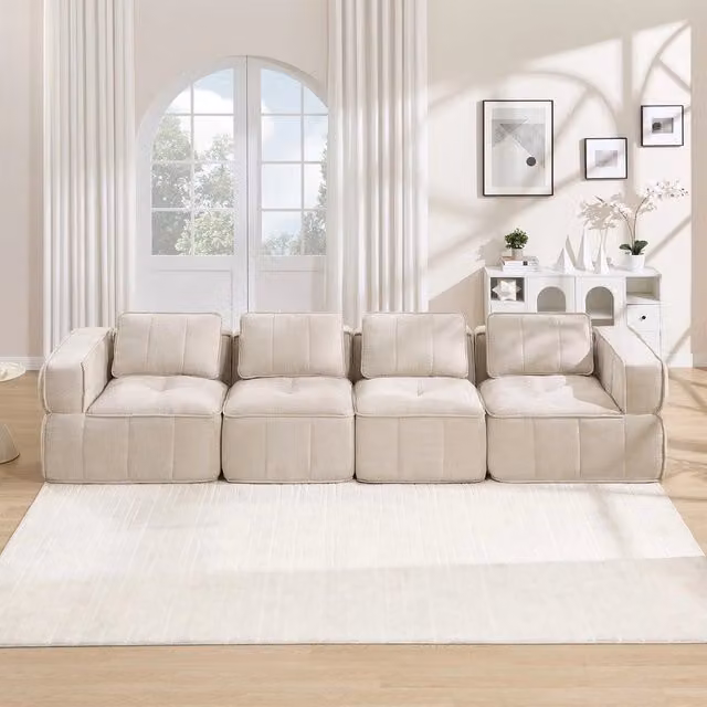 Divano 4 posti in tessuto beige morbido ¨C Minimal ¨C modulare senza struttura antiscivolo