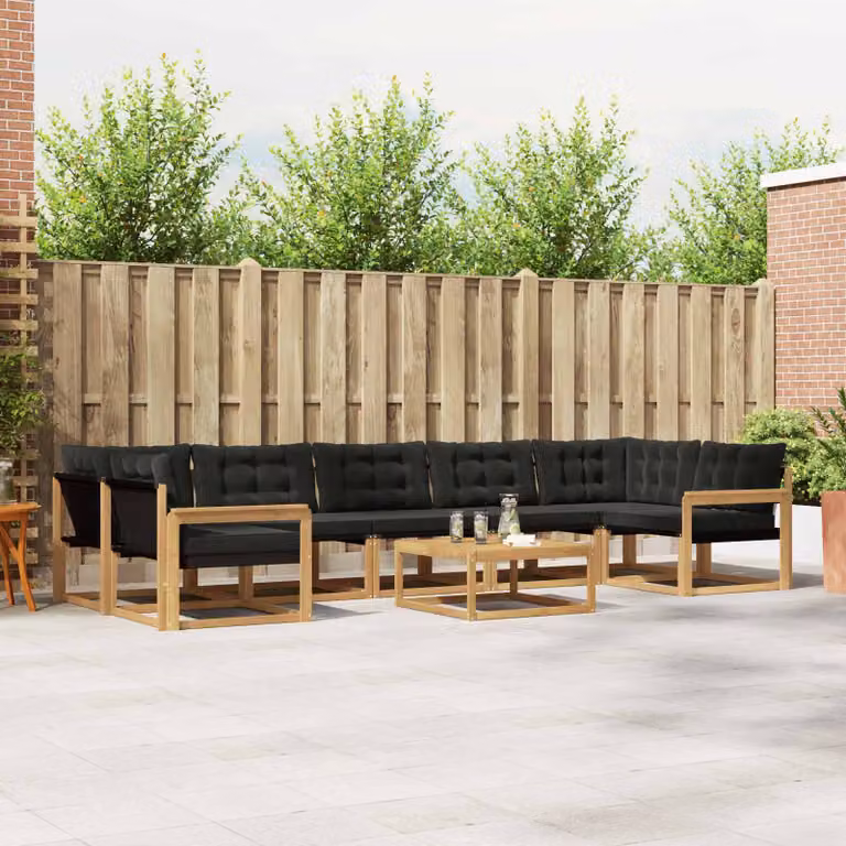 Set di divani da esterno vidaXL 8 pz in legno di acacia con tavolo da caffè e cuscini, composizione a L, Bianco, Nero e Marrone
