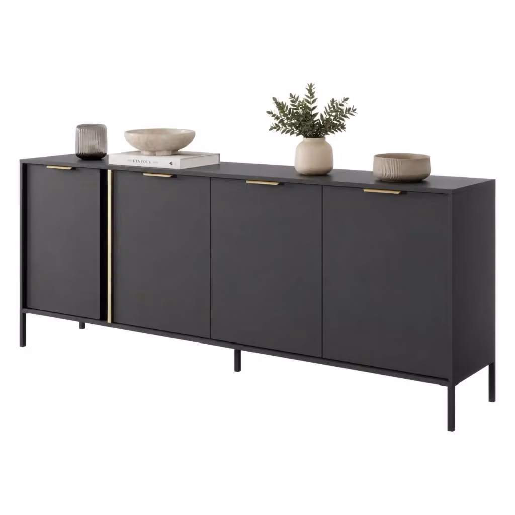 Madia Hamebati DMORA con 4 ripiani, Credenza moderna in nero antracite e oro, L: 203 cm, P: 40 cm, H: 81 cm – 2