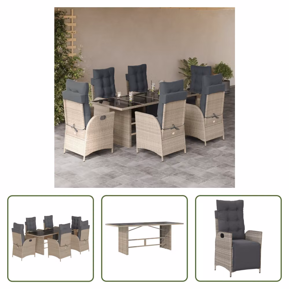The Living Store Set da pranzo da giardino 7 pezzi con cuscini in poly rattan grigio chiaro