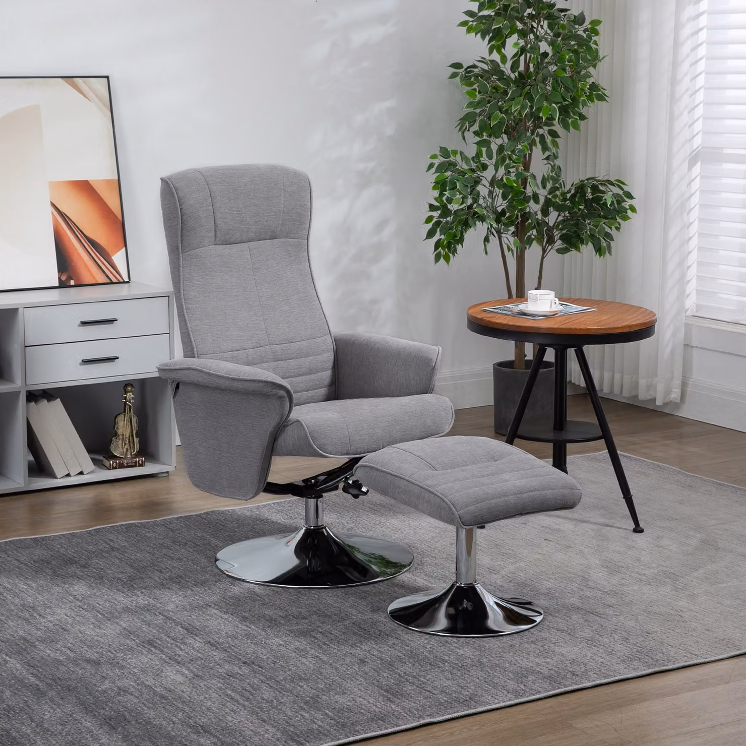 Poltrona relax HOMCOM con pouf, girevole e schienale inclinabile, Grigio, L: 69 cm, P: 71 cm, H: 104 cm – 2