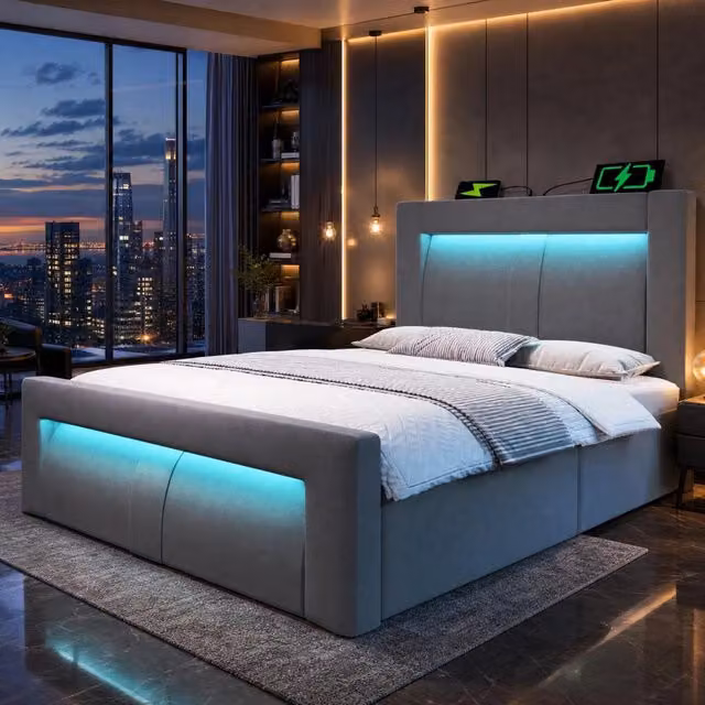 Letto singolo ULEVR 90x200 cm con contenitore idraulico, LED con app, USB e Type-C, velluto grigio