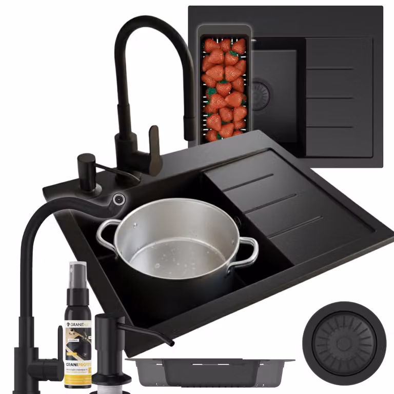 Granitan - Lavello in granito - Lavandino 60x50 cm - Lavello cucina nero - con miscelatore - AMBER