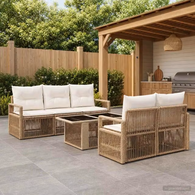 Set Divano da Giardino 6 pz Beige e Bianco Crema polyrattan 3437052