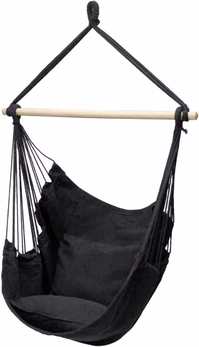 Sedia a dondolo sospesa, dimensioni 100x130 cm, colore nero, realizzata in cotone e poliestere, con struttura, ideale per l'esterno