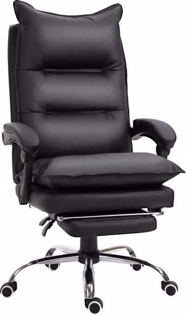 Sedia da ufficio ergonomica moderna in similpelle nera con poggiapiedi, schienale reclinabile e rotazione a 360 gradi L/P/H: 135 x 66 x 59 cm