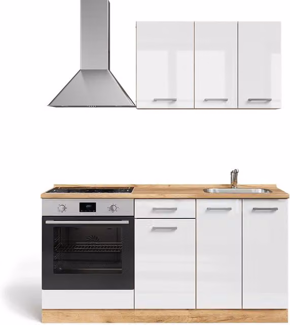 Cucina completa R-Line Bianco lucido/Rovere dorato 160 cm con colonna forno senza piano di lavoro Vicco