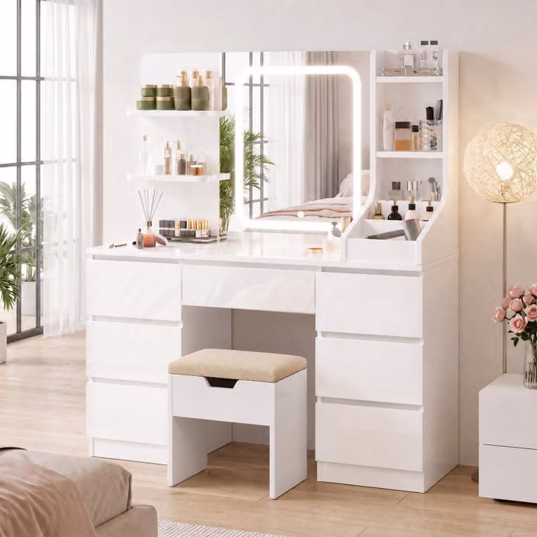 Tavolino da trucco JUMMICO con specchio a LED e regolazione della luminosità, grande tavolino per il trucco