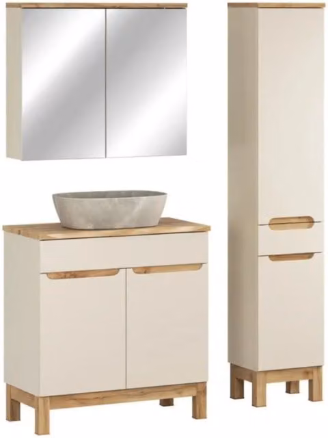 Set ERMANO cachemire 115cm: mobile con lavabo + piano per lavabo smussato + lavabo da appoggio + mobili contenitori + specchi
